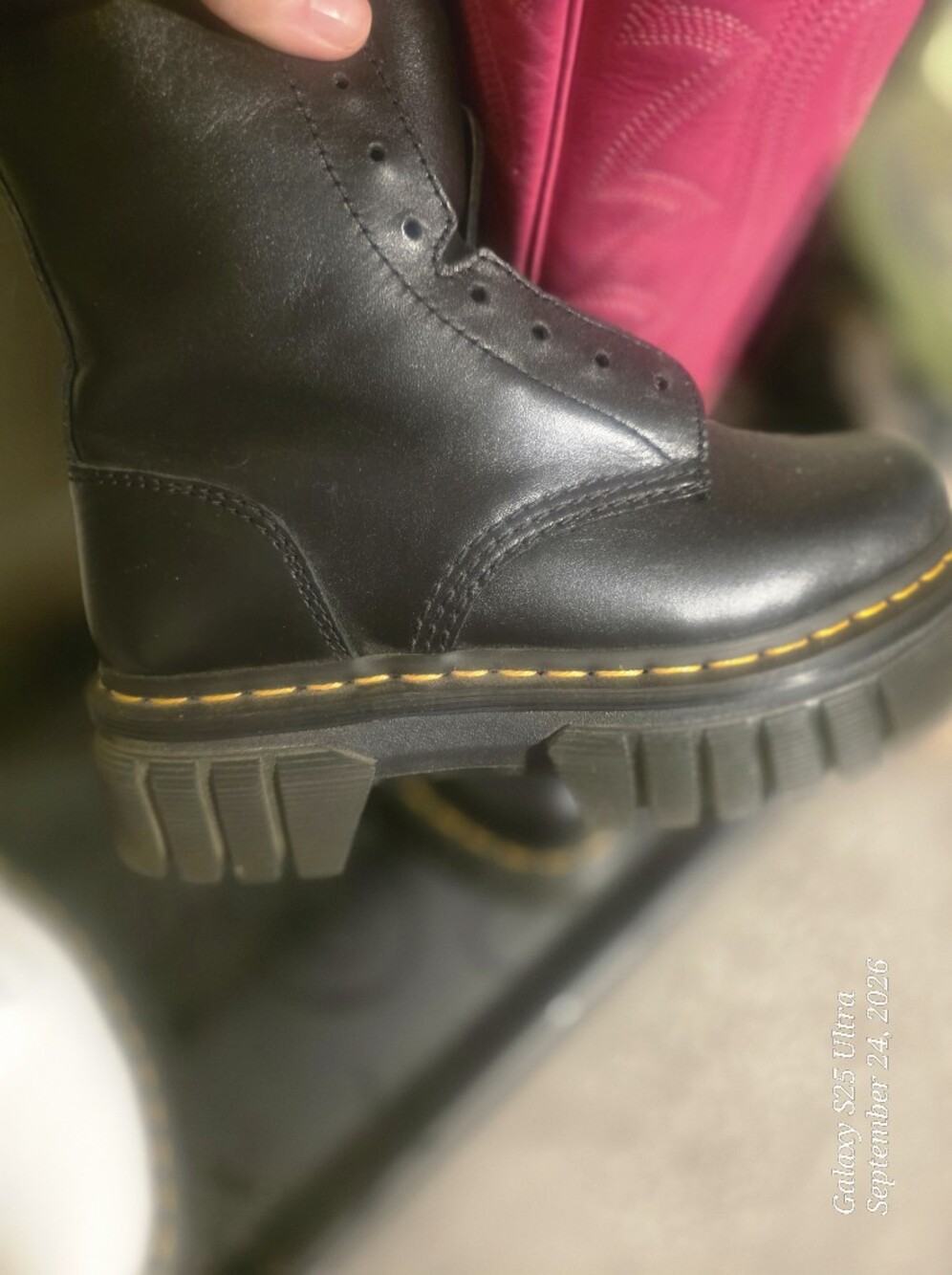 Dr. Martens Black Leather Lace-Up Boots with Yellow Stitching